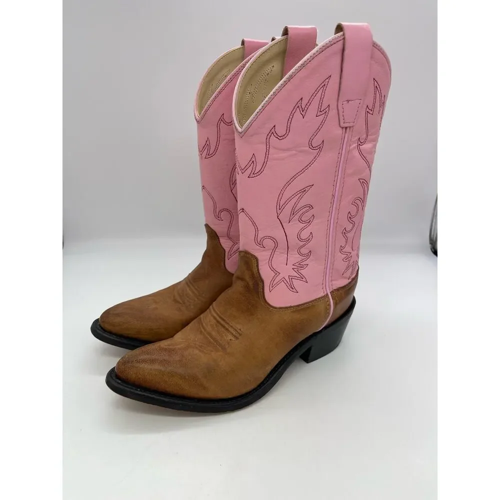 Old West Pink & Brown Leather Boots Size 5